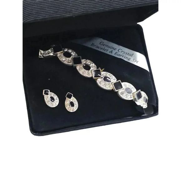 Genuine Crystal Bracelet Earring Set With Black Enamel Clear Rhinestones - Picture 2 of 4